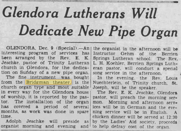 Bridgman Theatre - 09 Dec 1932 Article On Organ